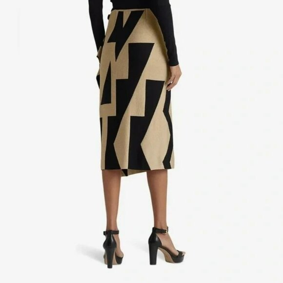 Lauren Ralph Lauren Womens Geometric Asymmetrical Midi Skirt Sz M Black & Tan - Picture 4 of 9
